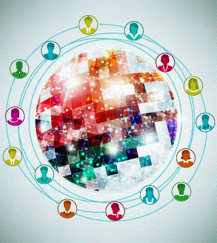 Colorful globe with icons of people surrounding it