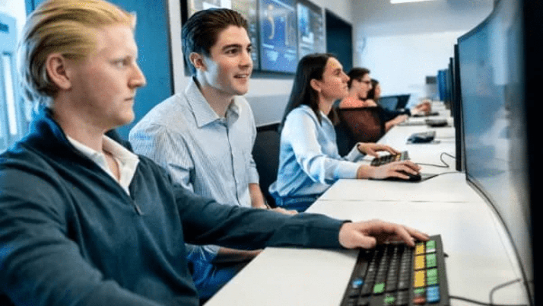 A group of students sat looking at computers
