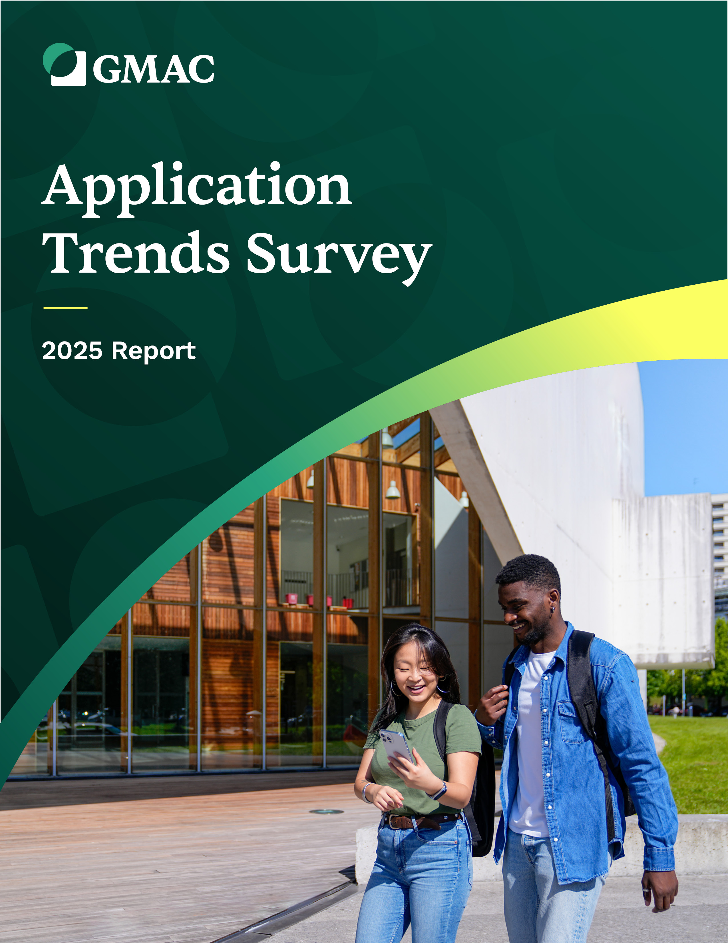 Application Trends Survey 2025 summary report cover page. Two college students walking in front of a building while talking