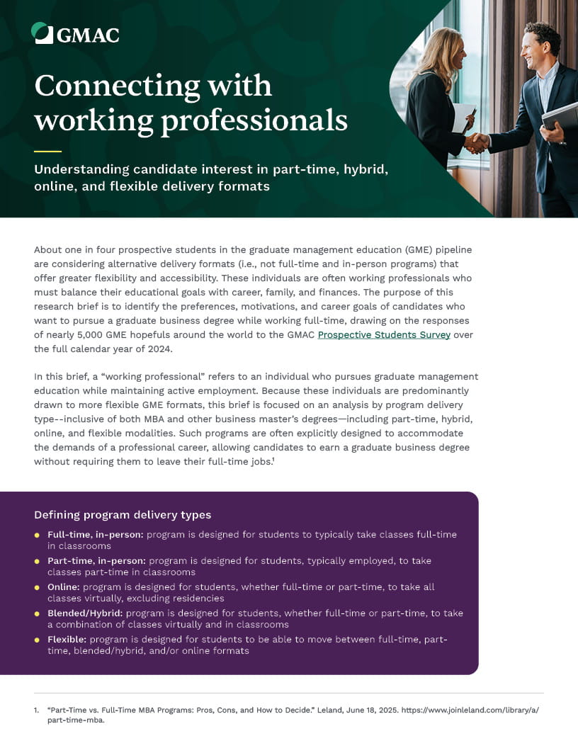 Front page of research brief with text, green and purple boxes, and a title "Connecting with working professionals"