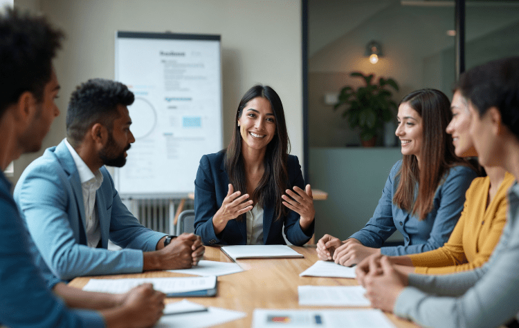 Manager leads a team meeting around a table 