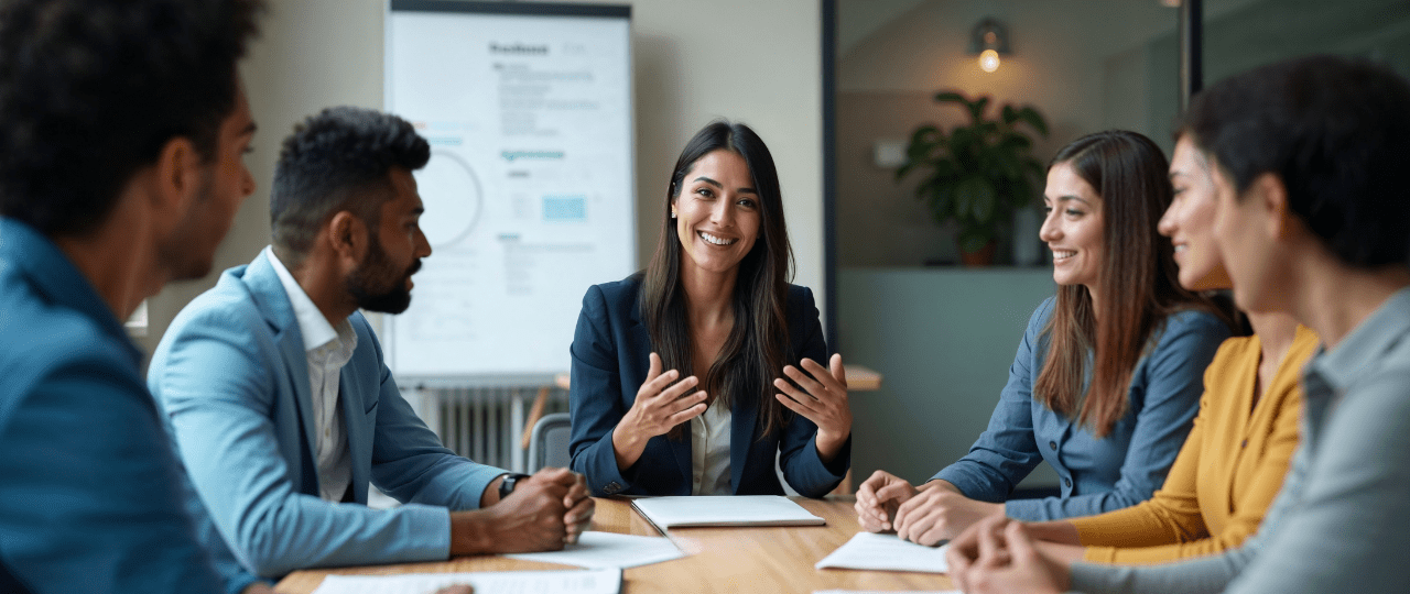 Woman smiling and in conversation with five other people at a conference table
