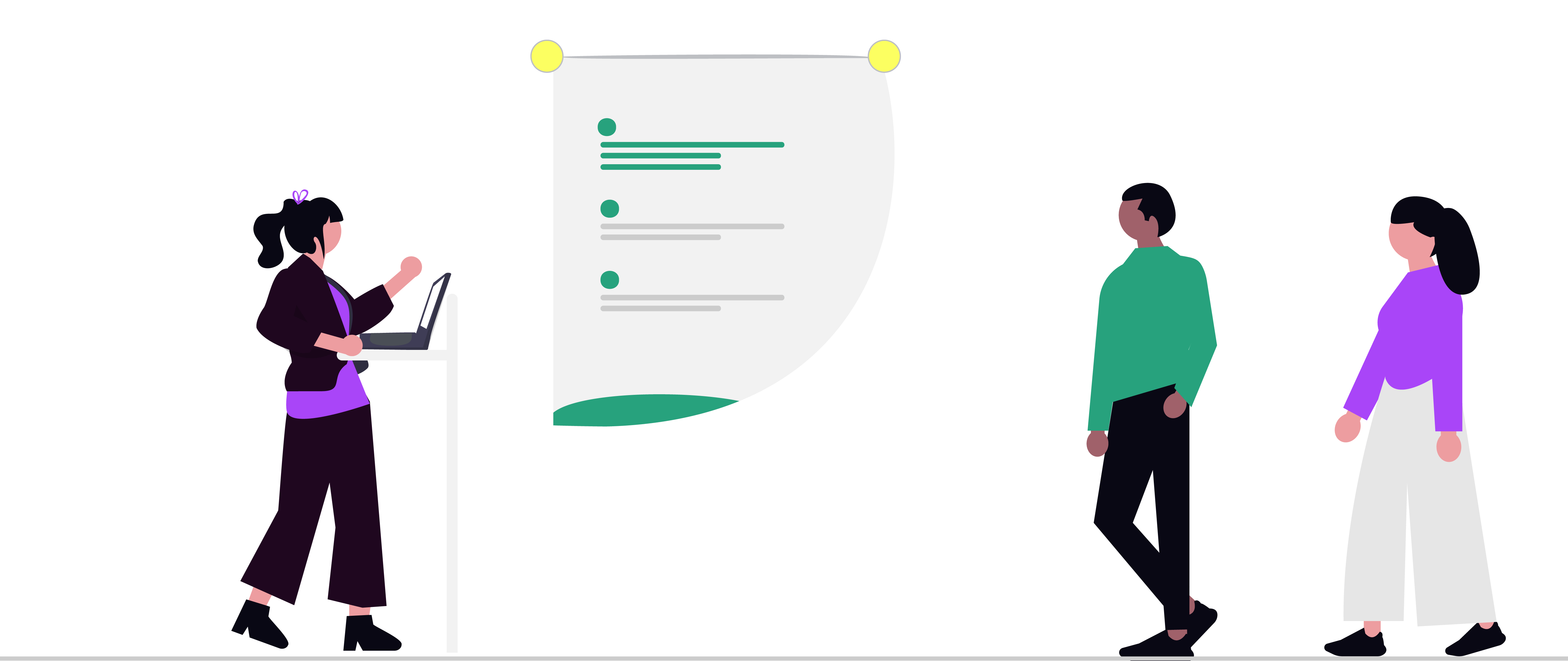 Illustration of female giving presentation in front of group of people