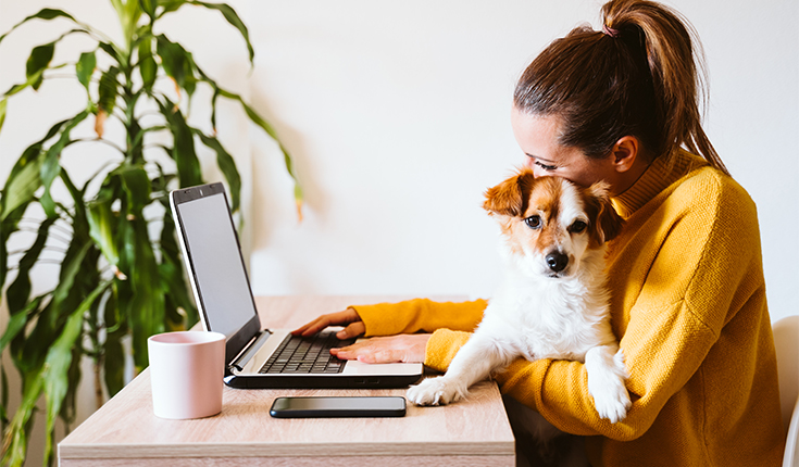 Woman Works from Home with Puppy 