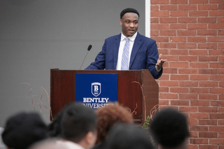 Tajae Edwards speaking at Bentley University 