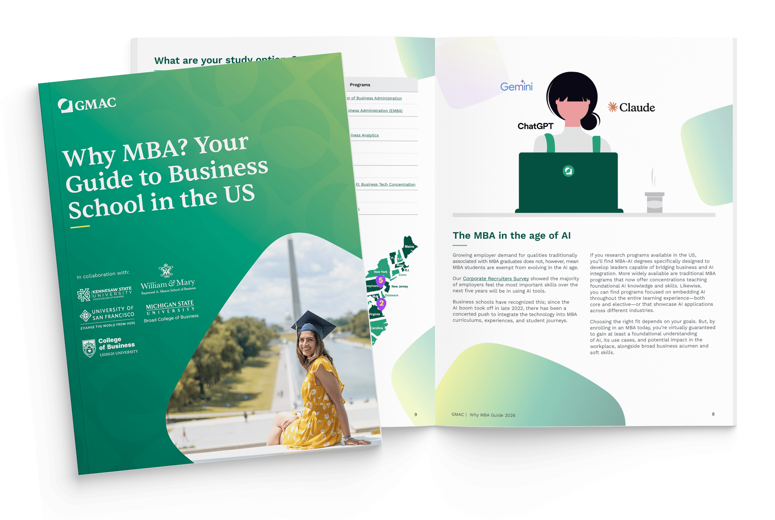Spread of the cover and inside page of our Guide to Business School in the US