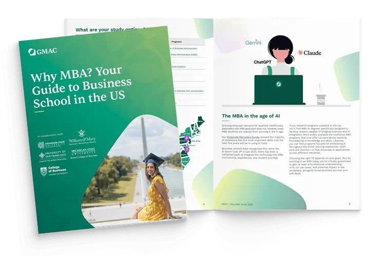 Spread of the cover and inside page of our Guide to Business School in the US